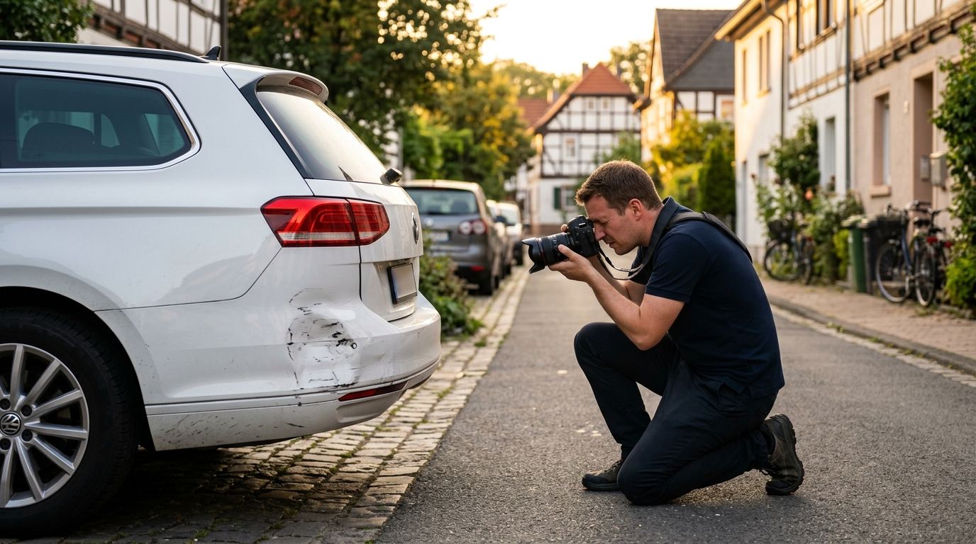 Sachverständiger fotografiert Fahrzeugschaden für das Schadensgutachten